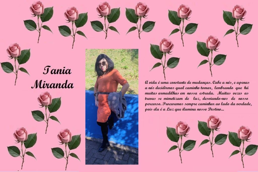Pink rose-framed tribute page with a central photo of a woman in an orange dress; left side shows 'Iania Miranda' in cursive, right side contains a Portuguese poem about life.