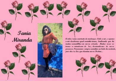 Pink rose-framed tribute page with a central photo of a woman in an orange dress; left side shows 'Iania Miranda' in cursive, right side contains a Portuguese poem about life.