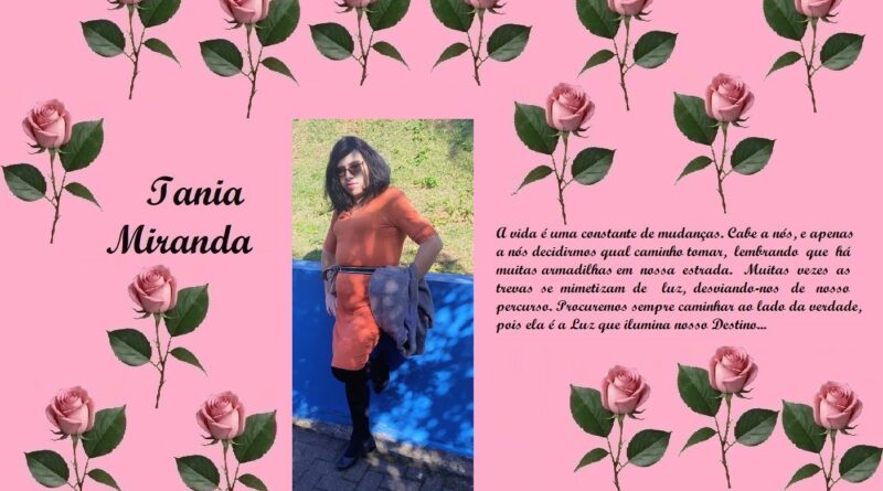 Pink rose-framed tribute page with a central photo of a woman in an orange dress; left side shows 'Iania Miranda' in cursive, right side contains a Portuguese poem about life.