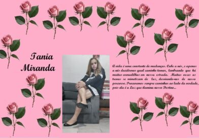 Tribute page for Tania Miranda with a pink rose-pattern background, her name in cursive, a portrait, and a short Portuguese poem text.
