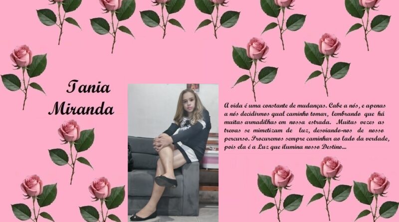 Tribute page for Tania Miranda with a pink rose-pattern background, her name in cursive, a portrait, and a short Portuguese poem text.
