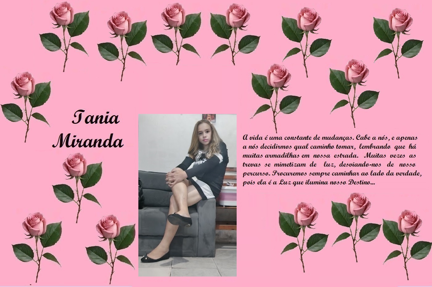 Tribute page for Tania Miranda with a pink rose-pattern background, her name in cursive, a portrait, and a short Portuguese poem text.