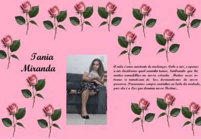 Pink tribute poster with repeating rose motifs, the name Iania Miranda on the left, a photo of a young woman center, and a Portuguese, heartfelt paragraph on the right.