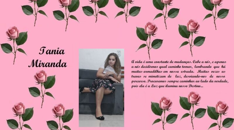 Pink tribute poster with repeating rose motifs, the name Iania Miranda on the left, a photo of a young woman center, and a Portuguese, heartfelt paragraph on the right.