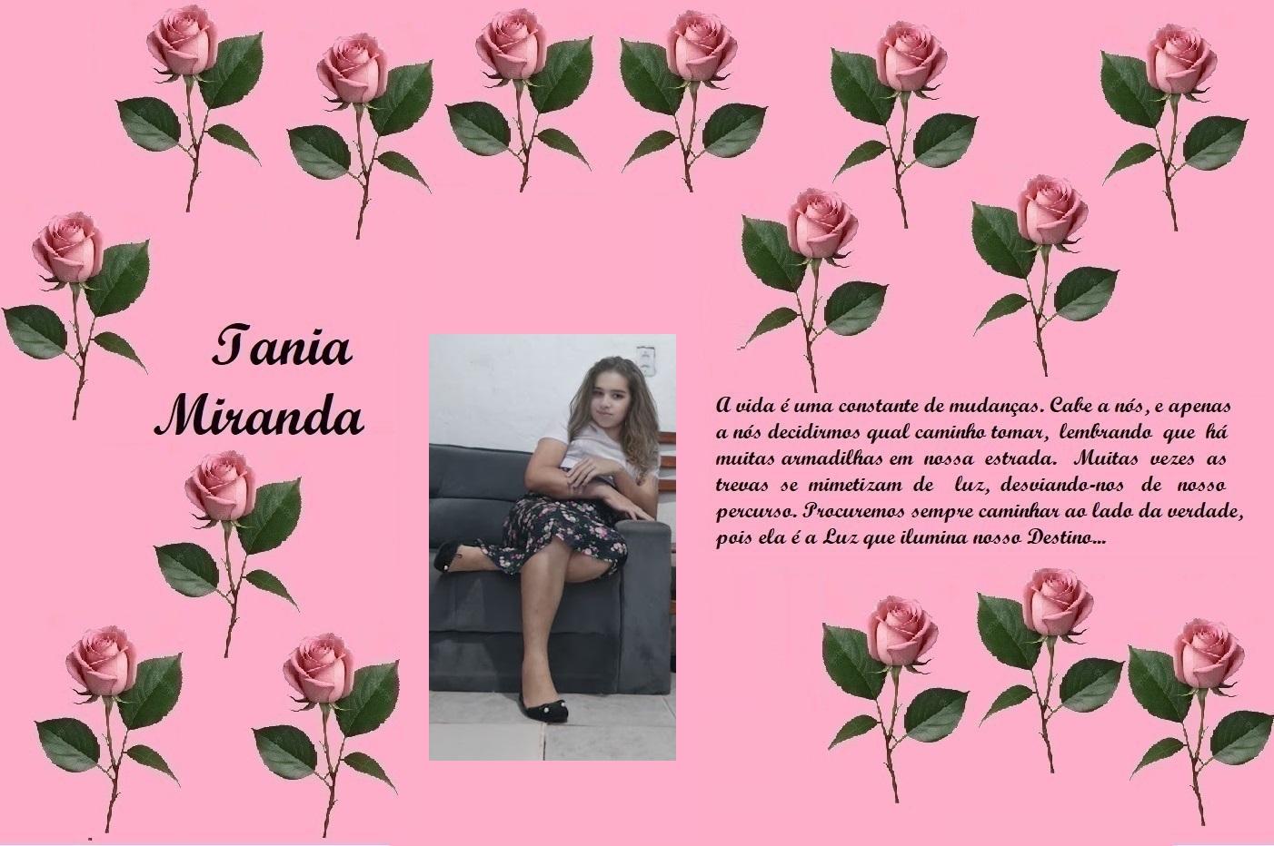 Pink tribute poster with repeating rose motifs, the name Iania Miranda on the left, a photo of a young woman center, and a Portuguese, heartfelt paragraph on the right.
