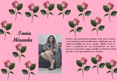 Decorative tribute collage on pink with rose borders, the name Iania Miranda, a portrait of a woman reading, and a short Portuguese poem about life.