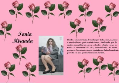 Pink tribute page with rose borders, name 'Iania Miranda' on the left, a girl reading on a sofa in the center, and a Portuguese quote on the right.