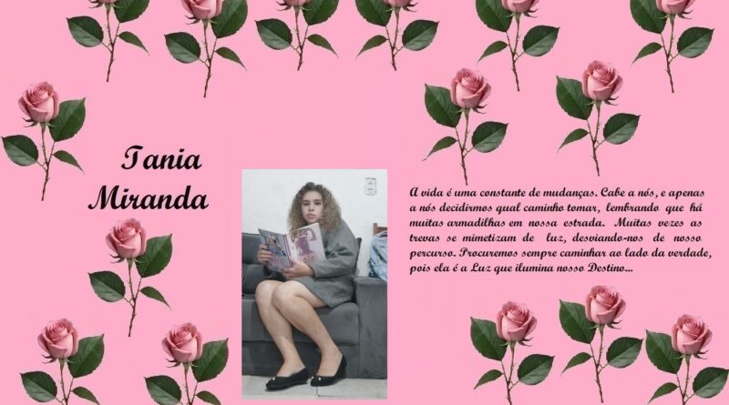 Pink tribute page with rose borders, name 'Iania Miranda' on the left, a girl reading on a sofa in the center, and a Portuguese quote on the right.