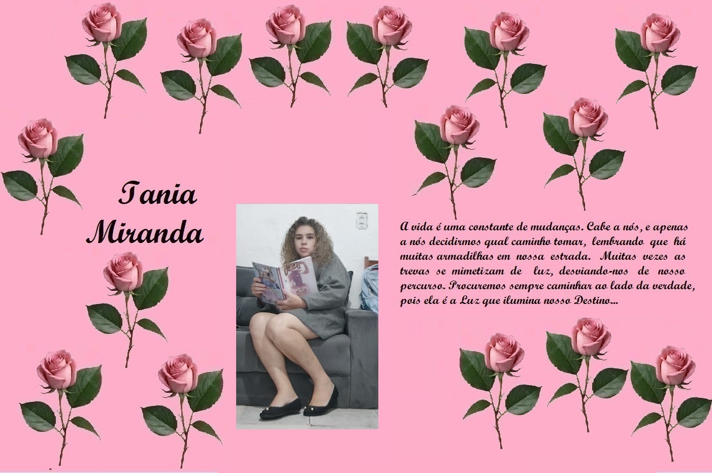 Pink tribute page with rose borders, name 'Iania Miranda' on the left, a girl reading on a sofa in the center, and a Portuguese quote on the right.