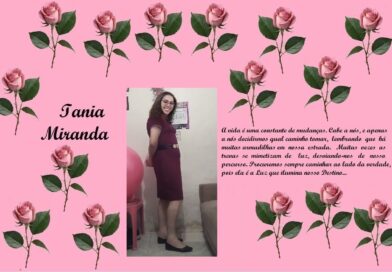 Pink decorative poster with repeating rose motifs; left shows the cursive name 'Tania Miranda', center features a woman in a burgundy dress, and right displays a Portuguese quote about life.