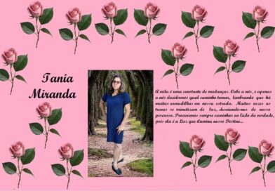 Pink collage header with rose border; left shows 'Iania Miranda' text, center features a woman in a blue dress, right contains a Portuguese quote.