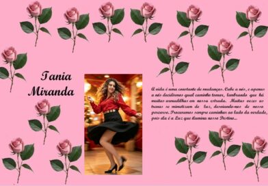 Pink collage with rose stems, the name Iania Miranda on the left, a dancing woman in a red blouse center, and a cursive Portuguese quote on the right.