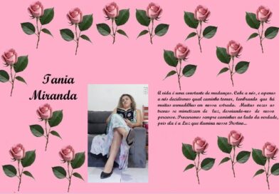 Pink collage banner with repeating roses, featuring the name Iania Miranda on the left, a photo of a young woman center, and a Portuguese quote on the right.