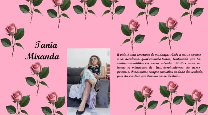Pink collage banner with repeating roses, featuring the name Iania Miranda on the left, a photo of a young woman center, and a Portuguese quote on the right.