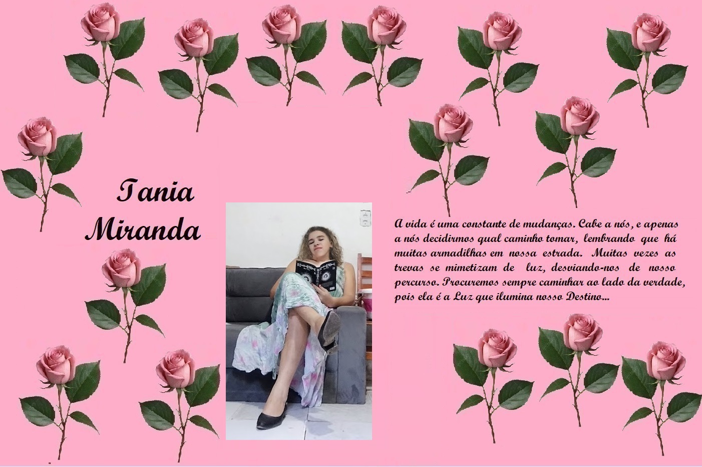 Pink collage banner with repeating roses, featuring the name Iania Miranda on the left, a photo of a young woman center, and a Portuguese quote on the right.