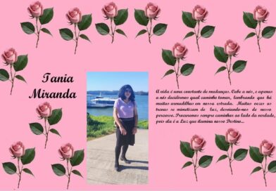Memorial collage on pink with rose border: name 'Iania Miranda' on the left, photo of a woman by a lake in the center, and a Portuguese dedication on the right beginning 'A vida é uma constante de mudanças...'