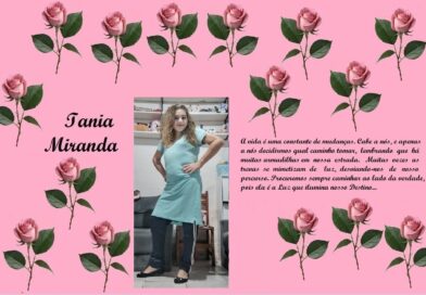 Pink floral collage with rose borders, displaying the name 'Iania Miranda' on the left, a photo of a woman in a teal dress center, and a Portuguese quote on the right.