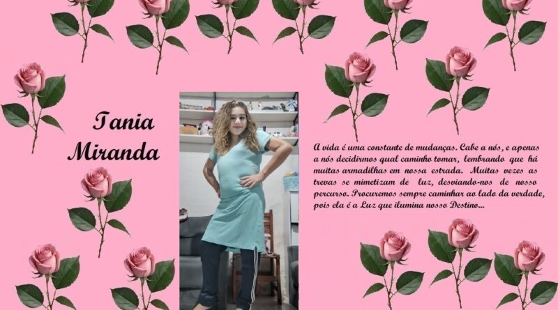 Pink floral collage with rose borders, displaying the name 'Iania Miranda' on the left, a photo of a woman in a teal dress center, and a Portuguese quote on the right.