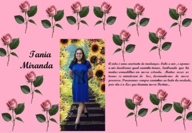 Pink collage with rose border; left shows 'Iania Miranda', center portrait of a girl in a blue dress on a sunflower background, right a Portuguese life quote.