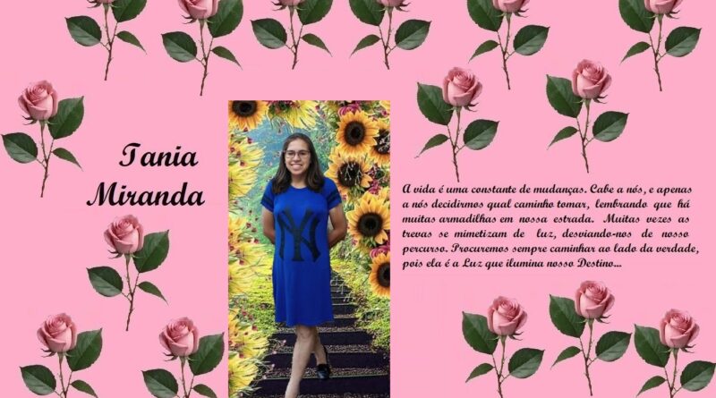 Pink collage with rose border; left shows 'Iania Miranda', center portrait of a girl in a blue dress on a sunflower background, right a Portuguese life quote.