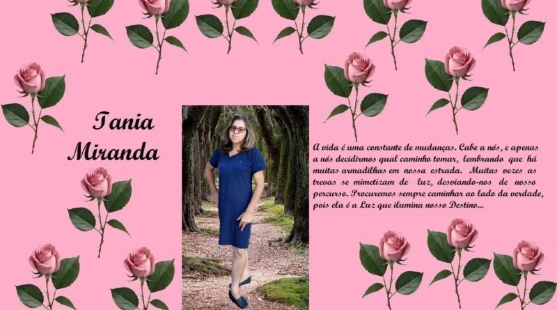 Pink collage header with rose border; left shows 'Iania Miranda' text, center features a woman in a blue dress, right contains a Portuguese quote.