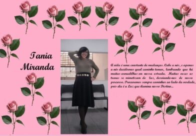 Pink rose-pattern banner with the name Iania Miranda on the left, a photo of a smiling woman in the center, and a Portuguese quote on the right.