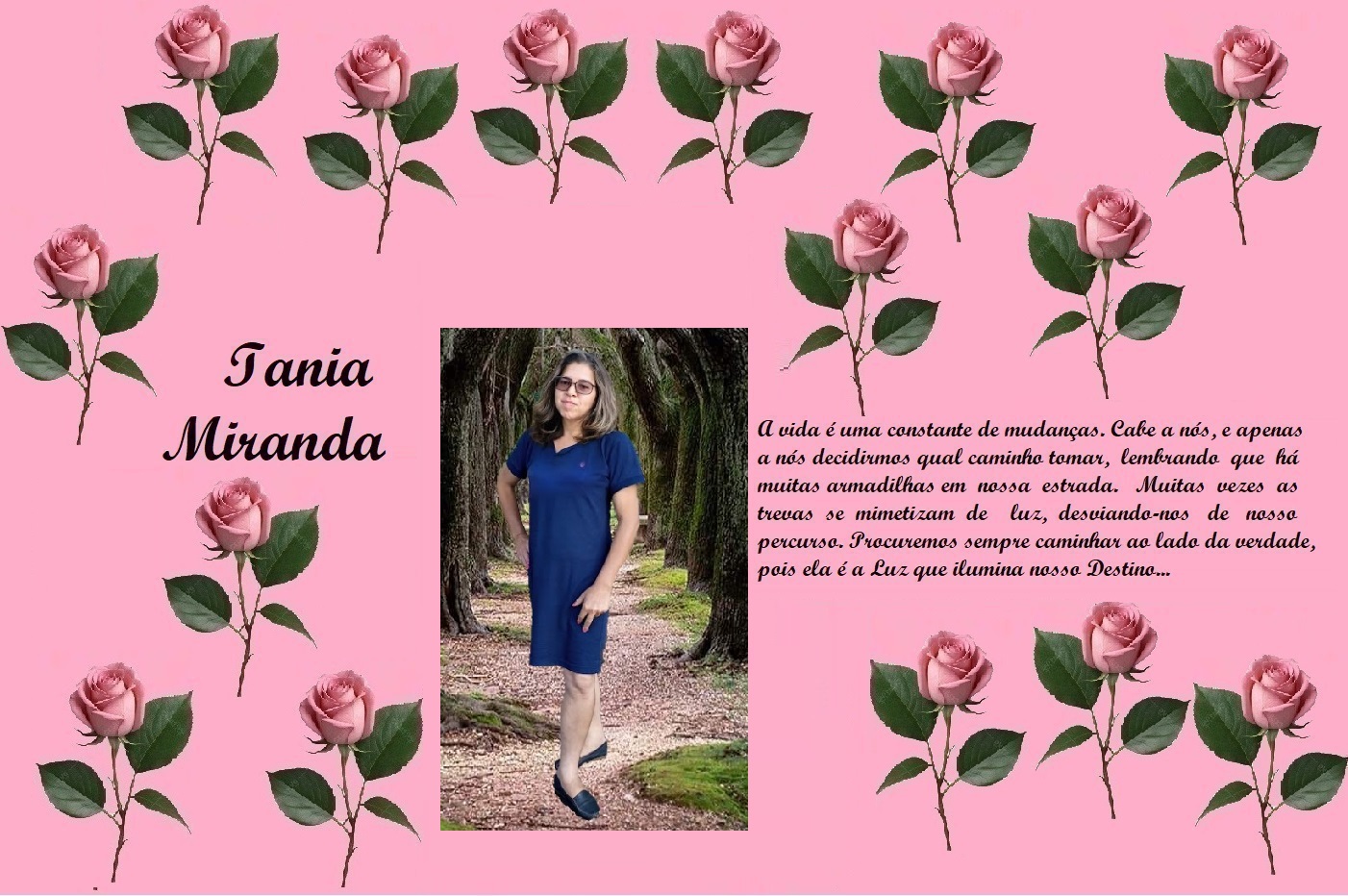Pink collage header with rose border; left shows 'Iania Miranda' text, center features a woman in a blue dress, right contains a Portuguese quote.