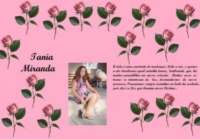Pink tribute poster with rose border and a photo of Iania Miranda, plus a Portuguese quote about life.