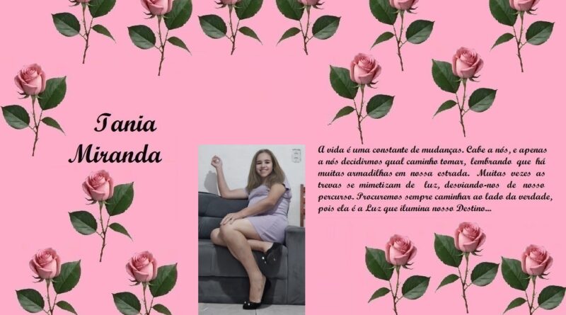 Pink scrapbook-style tribute collage: roses border, the name Iania Miranda, a photo of a woman on a sofa, and a Portuguese dedication text.