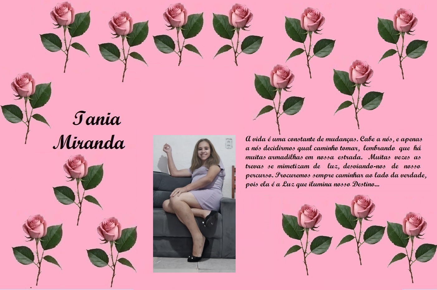 Pink scrapbook-style tribute collage: roses border, the name Iania Miranda, a photo of a woman on a sofa, and a Portuguese dedication text.