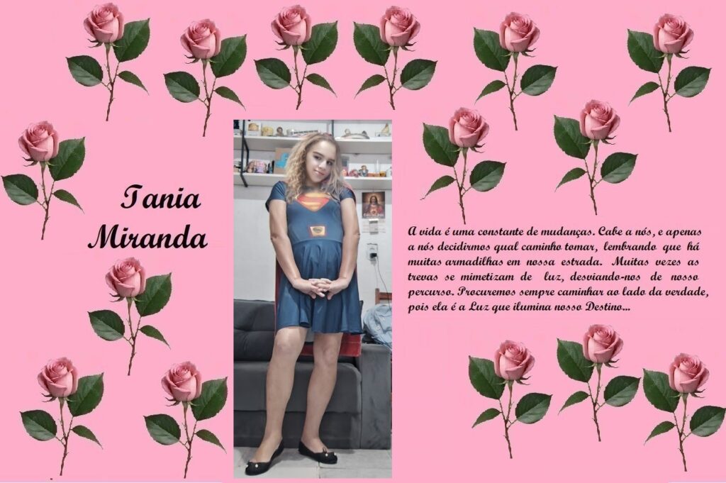 Pink tribute card with pink roses border, a center photo of a woman in a blue dress, and the name 'Iania Miranda' on the left with a Portuguese quote on the right.