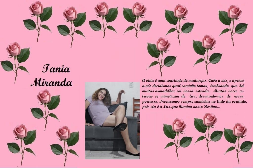 Decorative pink banner with rose illustrations, the name Iania Miranda in cursive, a Portuguese quote, and a photo of a smiling woman on a couch on the left.