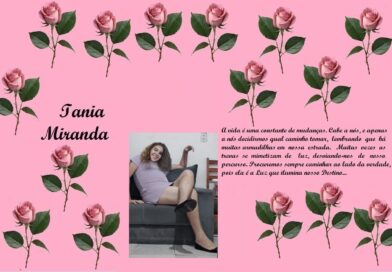 Decorative pink banner with rose illustrations, the name Iania Miranda in cursive, a Portuguese quote, and a photo of a smiling woman on a couch on the left.