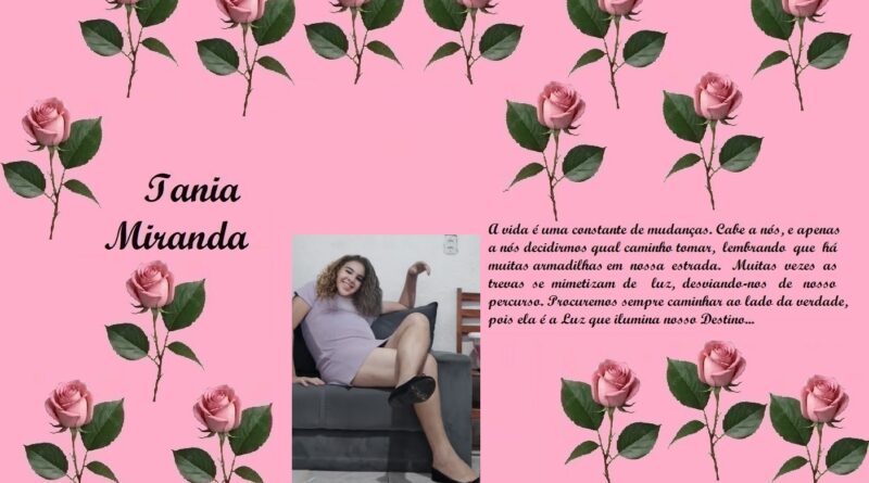 Decorative pink banner with rose illustrations, the name Iania Miranda in cursive, a Portuguese quote, and a photo of a smiling woman on a couch on the left.