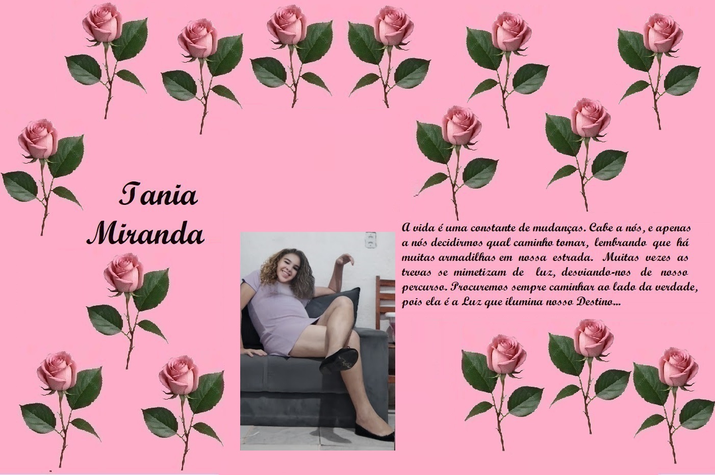 Decorative pink banner with rose illustrations, the name Iania Miranda in cursive, a Portuguese quote, and a photo of a smiling woman on a couch on the left.