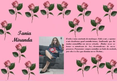Pink background with repeated pink roses, script text 'Tania Miranda', a photo of a young woman seated on a sofa, and a Portuguese paragraph about life and destiny.