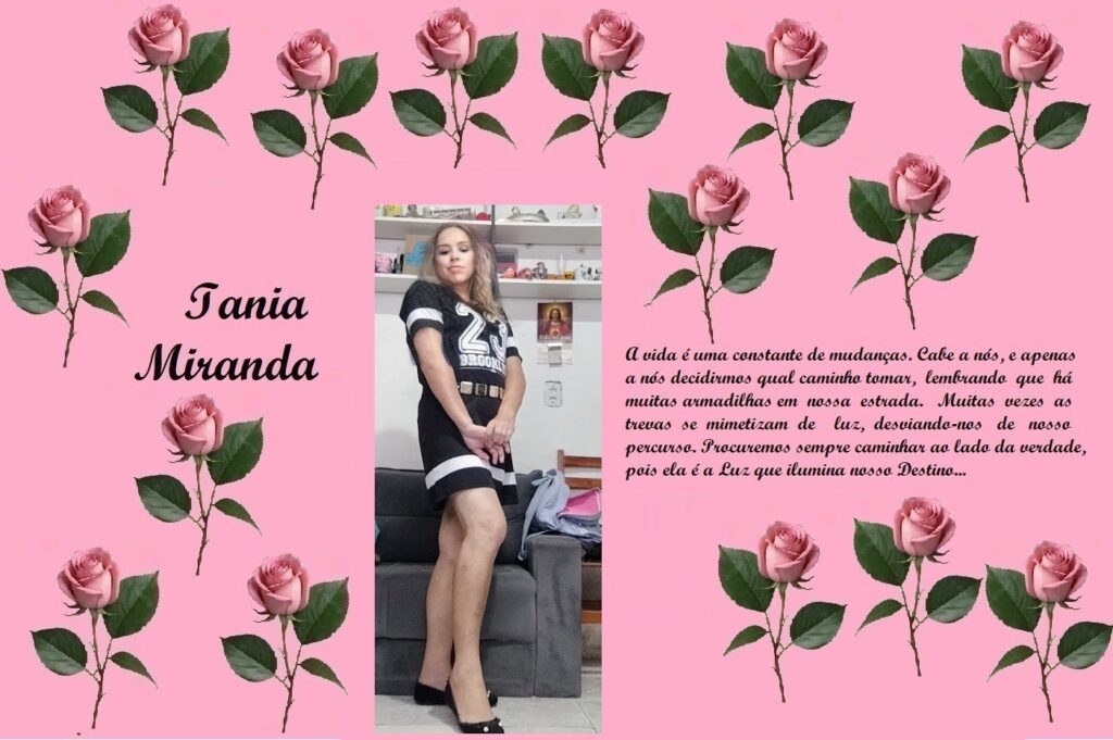 Tribute page in pink with rose borders, displaying the name 'Iania Miranda', a photo of a woman in a black dress, and a long Portuguese reflection about life and destiny.