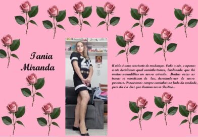 Tribute page in pink with rose borders, displaying the name 'Iania Miranda', a photo of a woman in a black dress, and a long Portuguese reflection about life and destiny.