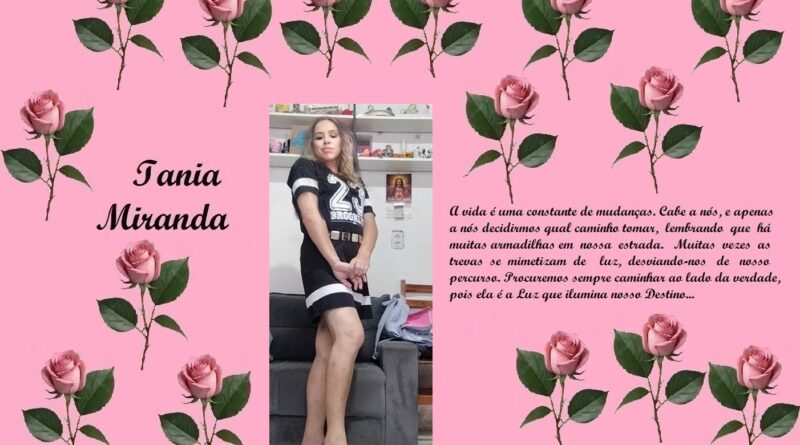 Tribute page in pink with rose borders, displaying the name 'Iania Miranda', a photo of a woman in a black dress, and a long Portuguese reflection about life and destiny.