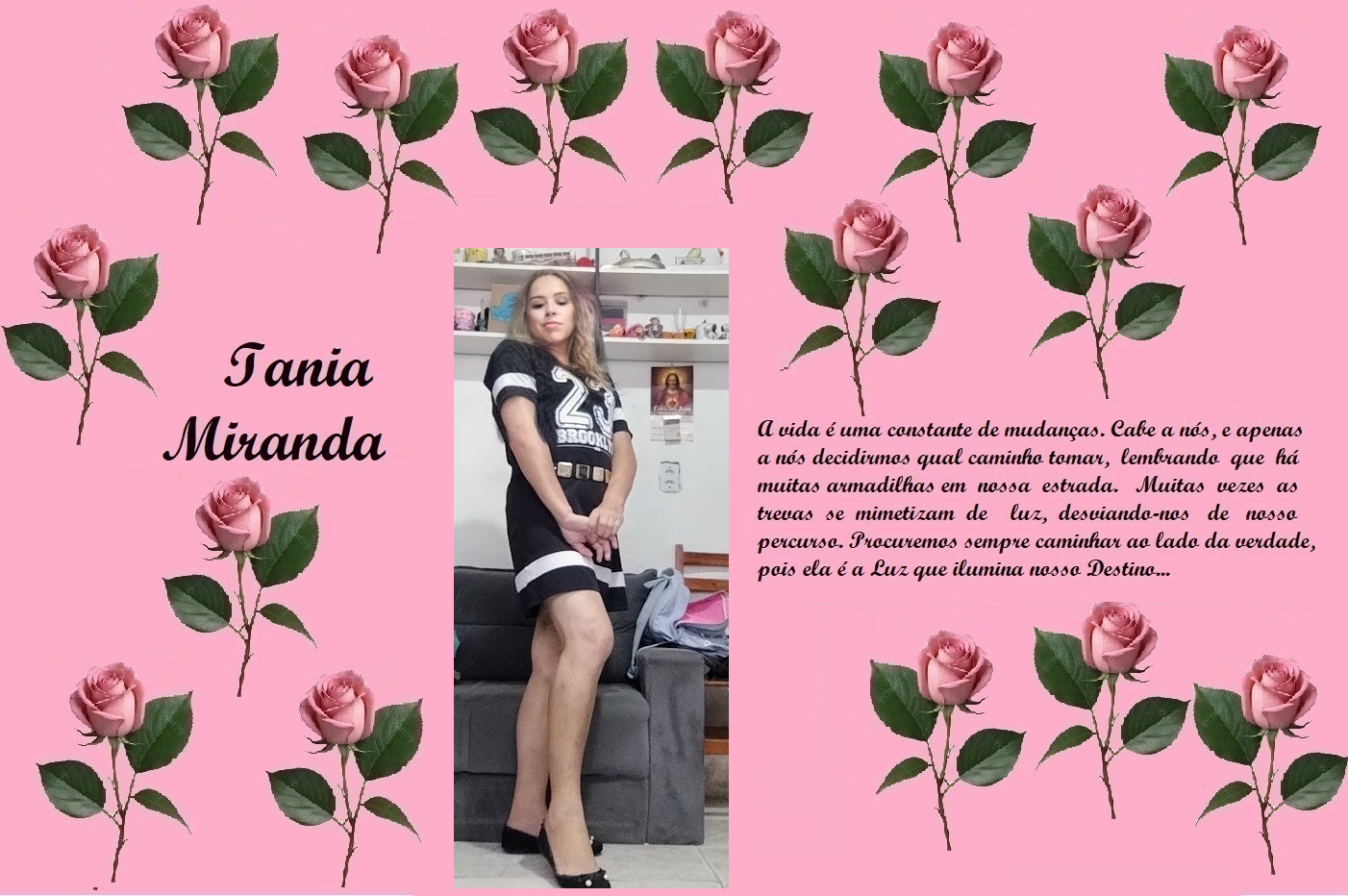 Tribute page in pink with rose borders, displaying the name 'Iania Miranda', a photo of a woman in a black dress, and a long Portuguese reflection about life and destiny.
