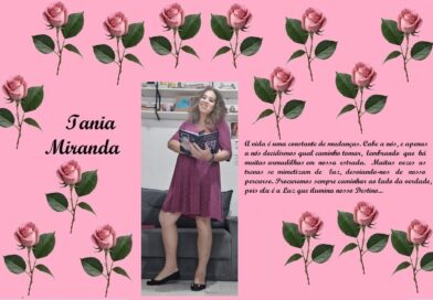 Pink collage with rose borders, left caption 'Tania Miranda', center photo of a smiling woman in a burgundy dress holding a book, right-side Portuguese quote.