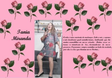 Pink collage with rose motifs, left shows 'Iania Miranda' in script, center a woman posing in a floral dress, right a Portuguese quote.