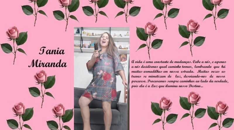 Pink collage with rose motifs, left shows 'Iania Miranda' in script, center a woman posing in a floral dress, right a Portuguese quote.