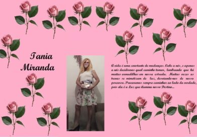 Tribute post with pink rose border, name 'Iania Miranda', photo of woman holding a book, and a long Portuguese quote about life and destiny (memorial image).
