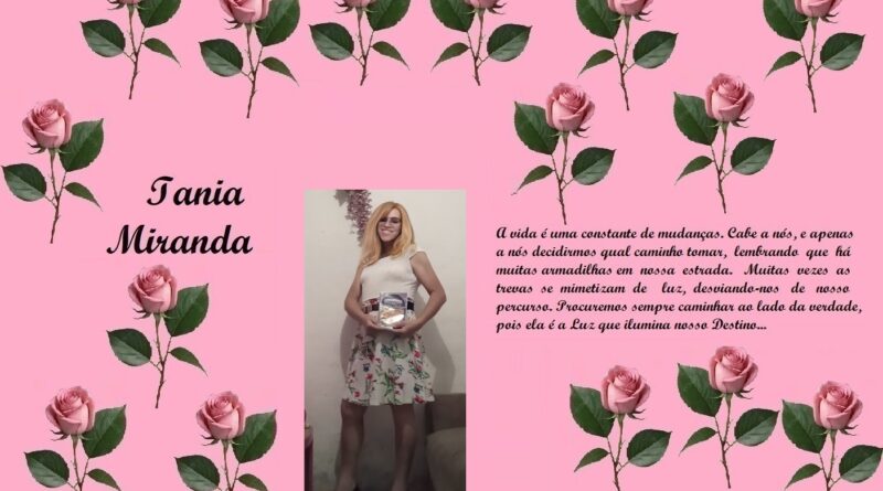 Tribute post with pink rose border, name 'Iania Miranda', photo of woman holding a book, and a long Portuguese quote about life and destiny (memorial image).