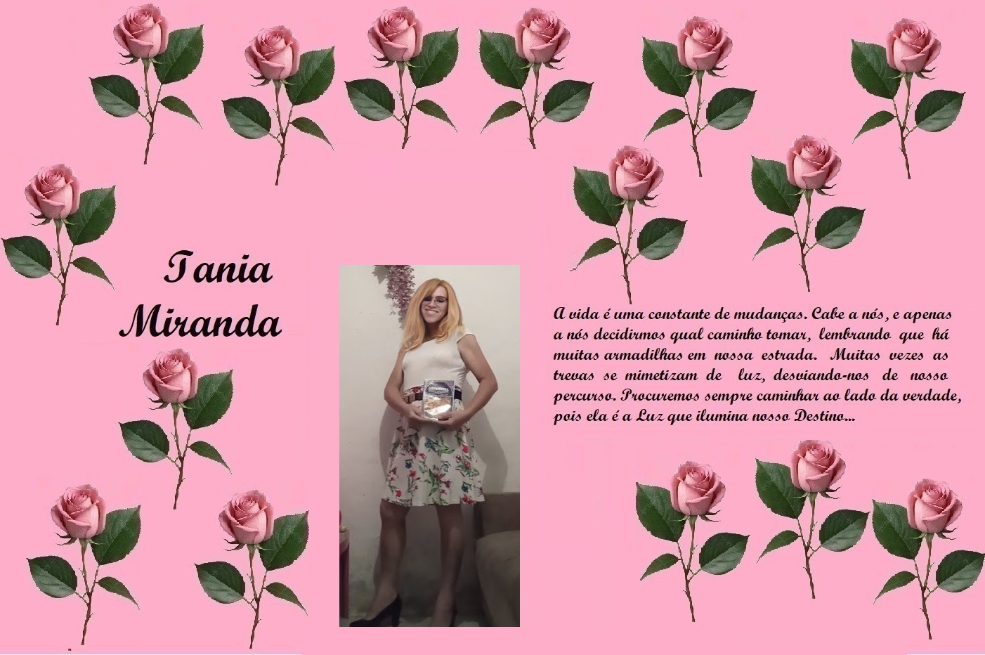 Tribute post with pink rose border, name 'Iania Miranda', photo of woman holding a book, and a long Portuguese quote about life and destiny (memorial image).