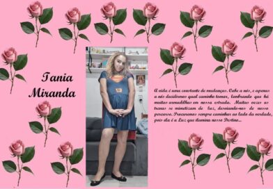 Pink tribute card with pink roses border, a center photo of a woman in a blue dress, and the name 'Iania Miranda' on the left with a Portuguese quote on the right.