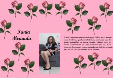 Pink rose-themed memorial collage with the name Tania Miranda and a central photo of a smiling girl; right-side dedication text.