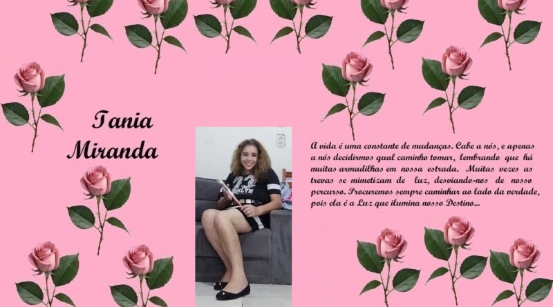 Pink rose-themed memorial collage with the name Tania Miranda and a central photo of a smiling girl; right-side dedication text.
