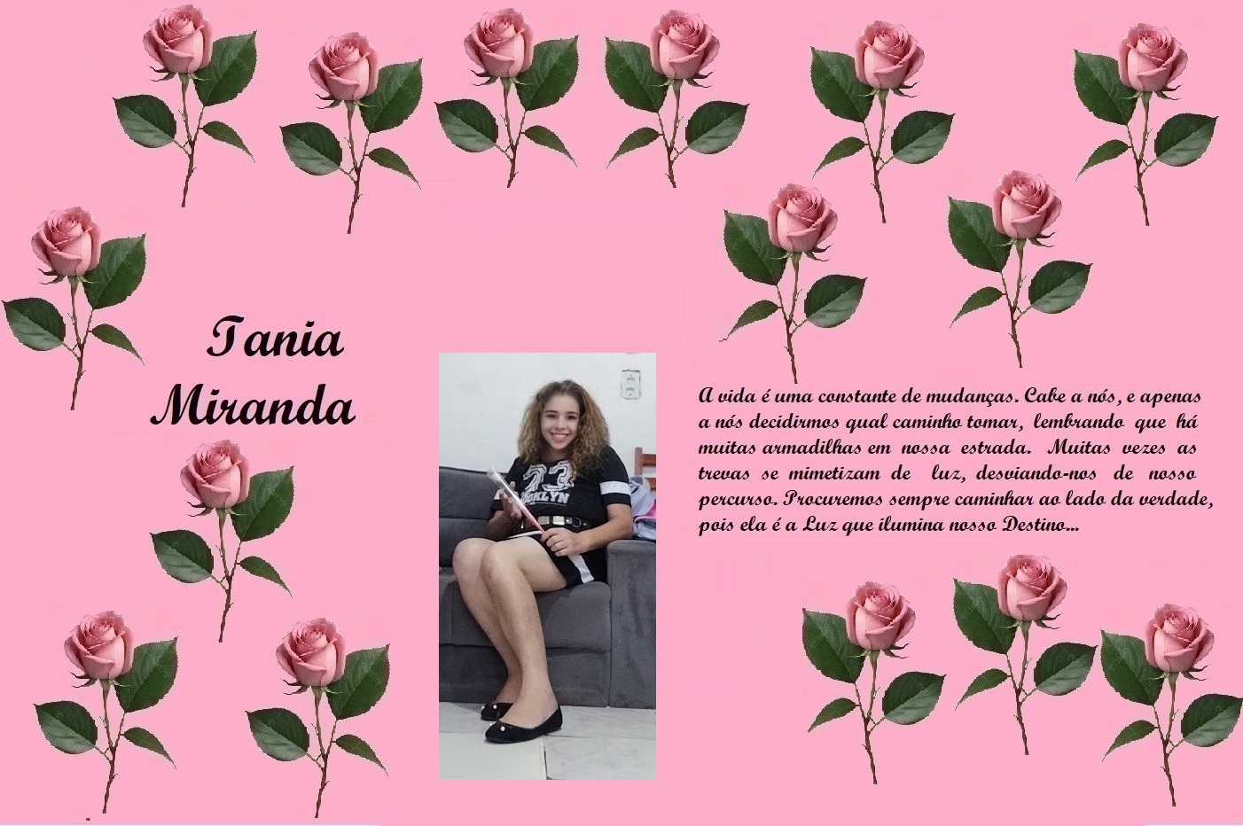 Pink rose-themed memorial collage with the name Tania Miranda and a central photo of a smiling girl; right-side dedication text.